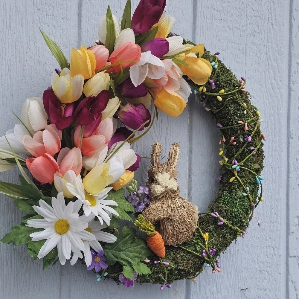 Handmade Spring Floral Easter Wreath with Bunny Moss Covered With Tulips Daisies
